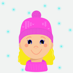 Obraz na płótnie Canvas Character child in warm winter hat smiles at the snow, winter and snowflakes. Joyful illustration for cards.