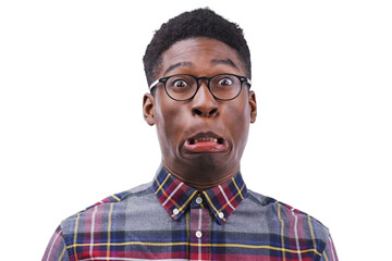Oops, portrait and funny black man with comic expression on isolated, transparent or png background. Oh no, mistake and face of African model with fail, grimace or goofy personality or sorry reaction - obrazy, fototapety, plakaty
