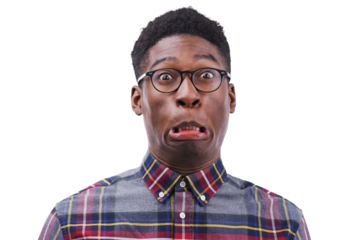 Oops, portrait and funny black man with comic expression on isolated, transparent or png background. Oh no, mistake and face of African model with fail, grimace or goofy personality or sorry reaction
