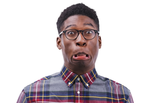 Oops, portrait and funny black man with comic expression on isolated, transparent or png background. Oh no, mistake and face of African model with fail, grimace or goofy personality or sorry reaction - Powered by Adobe