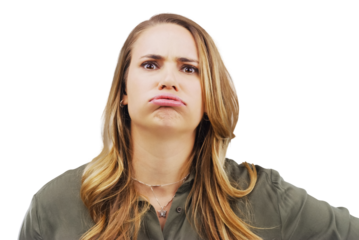 Surprise, portrait or angry woman frown on isolated, transparent or png background. Face, shock or frustrated model with bad mood, problem or mistake, expression or reaction to insult or conflict