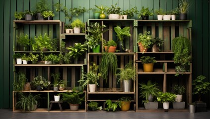 Recycled pallets with hanging plants in the yard