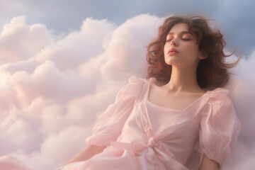 Fototapeta na wymiar Ethereal Woman in Dreamy Cloudscape