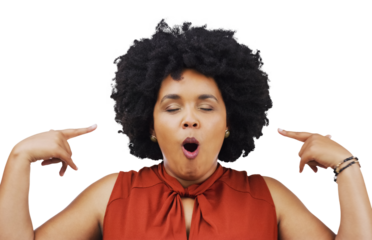 Wow, face and funny woman with open mouth expression on isolated, transparent ad png background. Omg, mind blown and female model with hand pointing to eyes closed gesture for gossip, secret or news