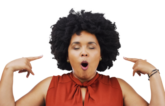 Wow, face and funny woman with open mouth expression on isolated, transparent ad png background. Omg, mind blown and female model with hand pointing to eyes closed gesture for gossip, secret or news