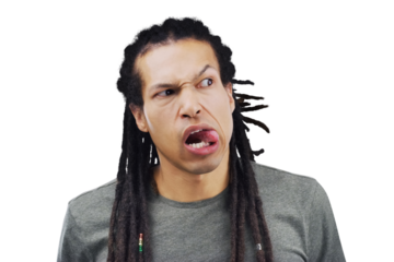 Portrait, funny face and young man with comic, goofy or silly attitude or facial expression. Comedy, fun and male person from Canada with playful face for joke isolated by transparent png background.