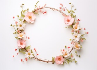 a circle wreath of pink and peach flowers,