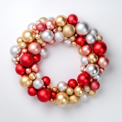 a red, gold and silver christmas wreath layered on top of a white surface