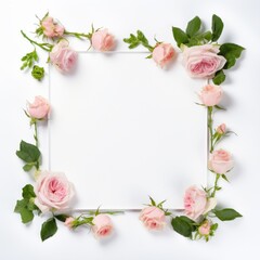 floral frame on a white background with pink roses and green