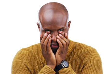Stress, burnout and portrait of black man with tired eyes gesture on isolated, transparent or png background. Insomnia, anxiety and face of model frustrated by conflict, fail or mental health crisis