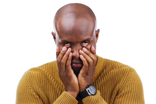 Stress, burnout and portrait of black man with tired eyes gesture on isolated, transparent or png background. Insomnia, anxiety and face of model frustrated by conflict, fail or mental health crisis