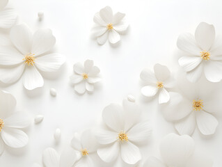 Fototapeta na wymiar blooming white flowers on a white minimalistic background. floral composition. Generative AI