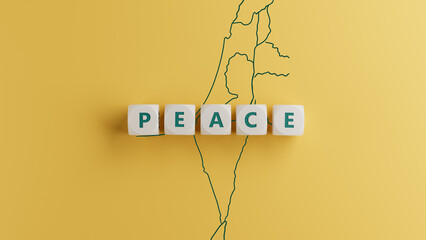 dices forms the word peace over Palestine map 