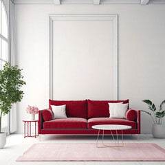 Red sofa in white living room