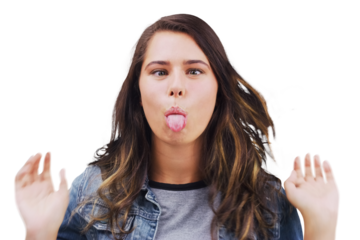 Portrait, funny face and tongue out with a happy woman isolated on a transparent background for comedy. Comic, silly or goofy and a young female person on PNG for carefree facial expression humor