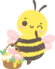 Cute Honey Bee with flower cartoon illustration, kawaii baby insect.