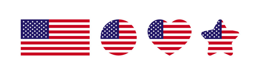 National flag of America. USA flag for language change design. National flag of America in the shape of a square, circle, heart, star. Vector icons