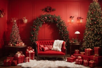 Christmas in a warm and cozy home. The room is beautifully decorated with Christmas trees, garlands and gifts, radiating festive cheer and creating the perfect atmosphere to celebrate Christmas.
