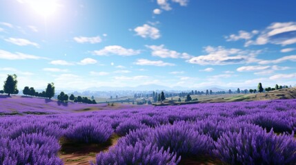 A serene countryside scene with Lavender fields stretching to the horizon under a clear blue sky. 8K