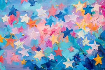 抽象油絵バナー）水色のピンクの背景にオレンジ・青・白のラフな星柄