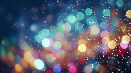 Snowy Christmas lights: colorful bokeh effect with RGB bulbs and snowflakes