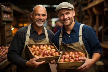Two workers holding crates of apples at warehouse. agribusiness concept