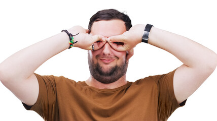 Frame, man and funny hand glasses gesture on isolated, transparent or png background. Finger, shape...