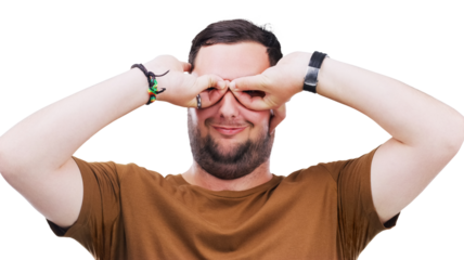 Frame, man and funny hand glasses gesture on isolated, transparent or png background. Finger, shape and silly male model with nerd, geek or goofy mood, personality or spectacles, bullying or gesture