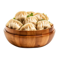 Homemade and hot manti, dumplings with meet filling in wooden bowl