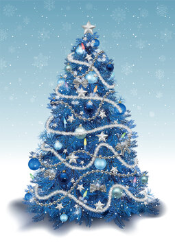 Decorated Christmas Tree in Blue Colored Tones with Background with Falling Snow - Detailed Illustration for Your Merry Christmas Greeting, Vector