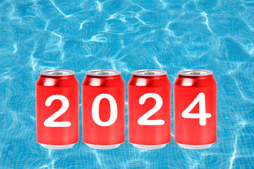 2024, Red soda cans with the number 2024 on background of faded lights. Happy New Year