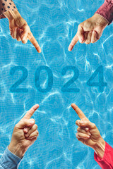 2024, People pointing to the number 2024 on background of faded lights. Happy New Year