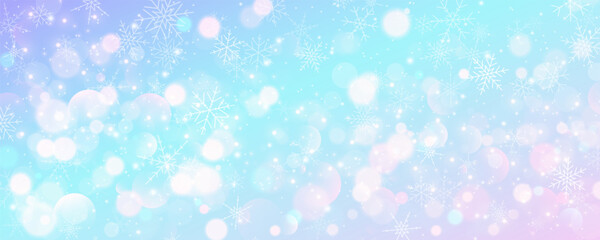Cold blue pastel winter sky. Christmas snowy background. Vector ice blizzard on gradient texture with bokeh and flakes. Festive new year theme for season sale wallpaper.