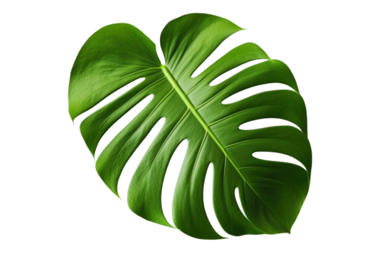 a monstera leaf is seen on a white background,