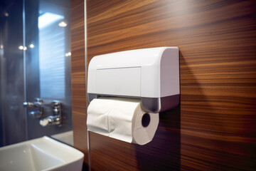 A modern bathroom interior with a sanitary paper holder, showcasing a clean and well-maintained environment for personal hygiene.