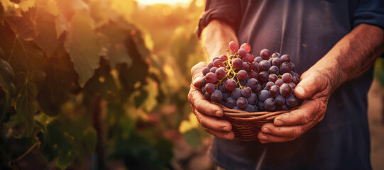 farmer's hands picking ripe grapes in a lush vineyard. - obrazy, fototapety, plakaty