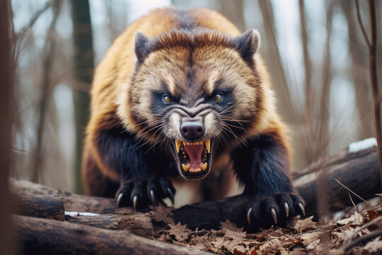 angry portrait of a wolverine, highlighting its fangs and the intensity of its expression.