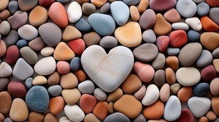Fotobehang Smooth pebbles with one in a heart shape on the beach, their varied earth tones complementing the natural, serene setting © Ярослава Малашкевич