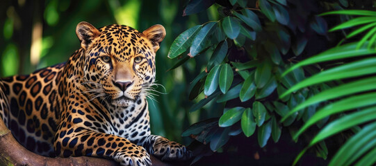 spotted muzzle of a jaguar, a powerful carnivore, peering through the jungle foliage.