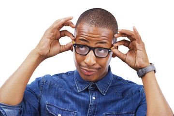 Face, glasses and optometry with a funny black man isolated on a transparent background for prescription lenses. Thinking, vision and eyewear with a confident young person on PNG for an eye test