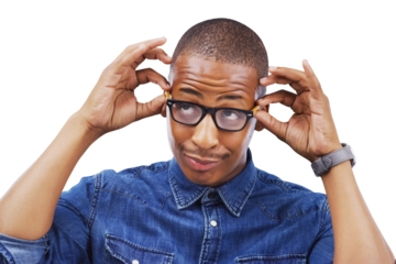 Face, glasses and optometry with a funny black man isolated on a transparent background for prescription lenses. Thinking, vision and eyewear with a confident young person on PNG for an eye test