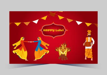 Fototapeta premium Happy Lohri text with dhole and grain vector template design
