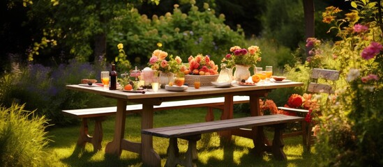 In a beautiful garden adorned with vibrant flowers of green and orange, a vintage wooden table was set for a summer birthday celebration, where the beauty of nature and the gift of a postmarked