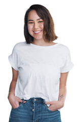 Fototapeta premium Woman, portrait or happy with fashion, beauty or casual style for cosmetics isolated on png transparent background. Person, face or smile with glow skin, confidence or pride for skincare and wellness