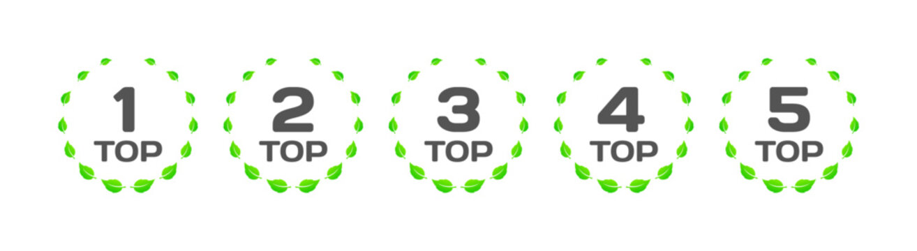 Top icons. Flat, green, top 1, 2, 3, 4, 5 icons. Vector icons