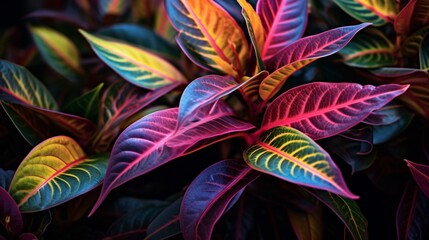 A vibrant Codiaeum variegatum (Croton) plant with striking multicolored leaves, captured in full ultra HD 8K resolution