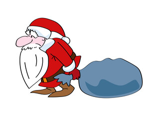 Hand-drawn hunched Santa Claus dragging a heavy sack with gifts