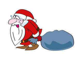 A hand-drawn, hunched Santa Claus is pulling a very heavy bag of gifts