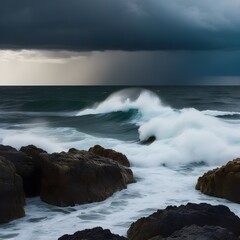 Fototapeta na wymiar a sea of waves, waves against rocks, dark clouds on the sea