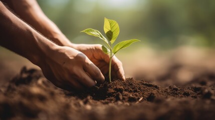 Fototapeta premium Human hands planting tree in the soil with nature background, Ecology concept.